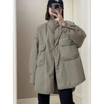 韓版寬松大口袋棉服2025秋冬新款休閑百搭翻領中長款顯瘦棉衣外套