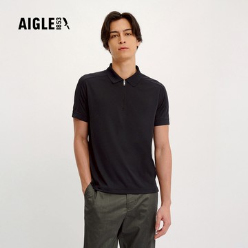 【AIGLE】男 抗UV吸濕排汗短袖POLO衫｜AG-4P110A100 黑色 (防曬 快乾 吸濕排汗)