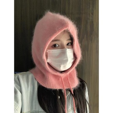 網紅巴拉克拉法帽女秋冬季韓系兔毛針織帽保暖圍脖一體抽繩套頭帽