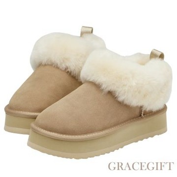 【Grace gift】軟萌雲感翻毛短筒厚底雪靴 杏