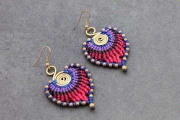 Macrame耳環葉滴墜孔雀粉紅色可愛