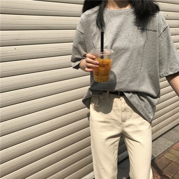 夏裝簡約寬松字母印花短袖T恤女百搭顯瘦休閑打底衫學生上衣1入