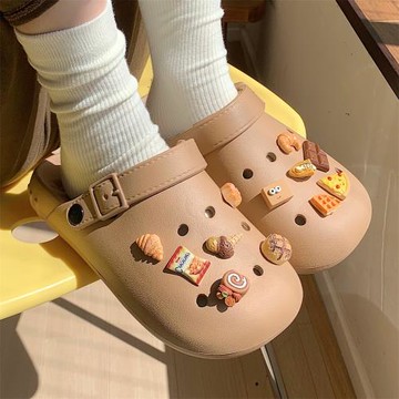 細細條 日系可愛DIY趣味洞洞鞋男女夏季eva防滑拿鐵色沙灘鞋涼鞋