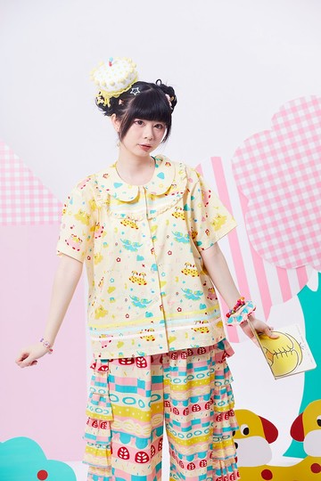 原創印花娃娃襯衫三色絲帶花邊