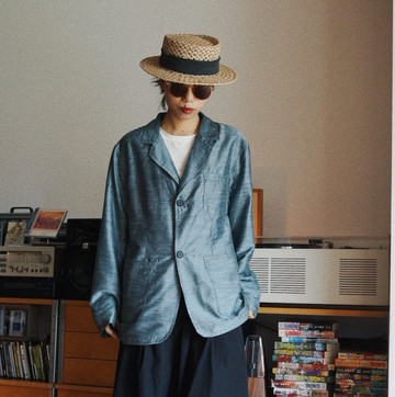 藍色海水 柞蠶絲中性西裝外套 藍灰色光澤感真絲棉面料