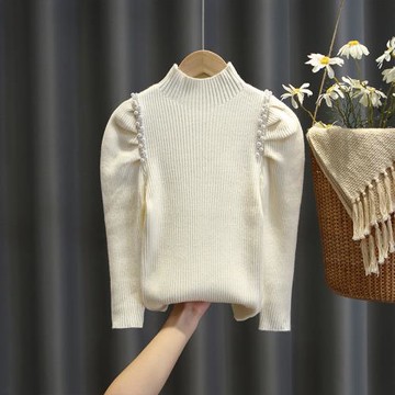 女童打底毛衣加絨加厚秋冬季新款中大童洋氣半高領泡泡袖公主內搭