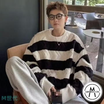 【M世代】條紋毛線衣 秋冬季新款毛衣 男士寬鬆 韓版 打底針織衫 秋裝上衣 情侶款 男女同款(BWJ729