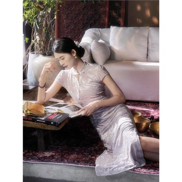 (免運)凌茜恣禾【夢瑤】新中式紫色提花改良旗袍女早秋絕美立領連衣裙