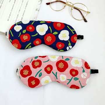 手工有機棉眼罩 紅白山茶花 深藍粉色 純棉節紗 可調長度 收納袋