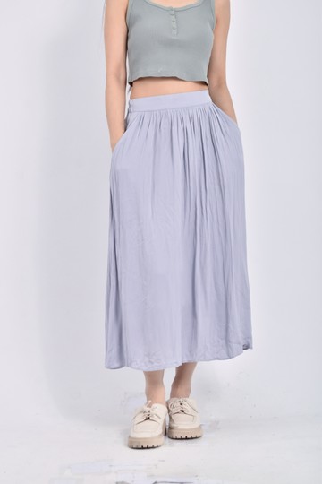 (S) 質感鬆緊腰藍色長裙