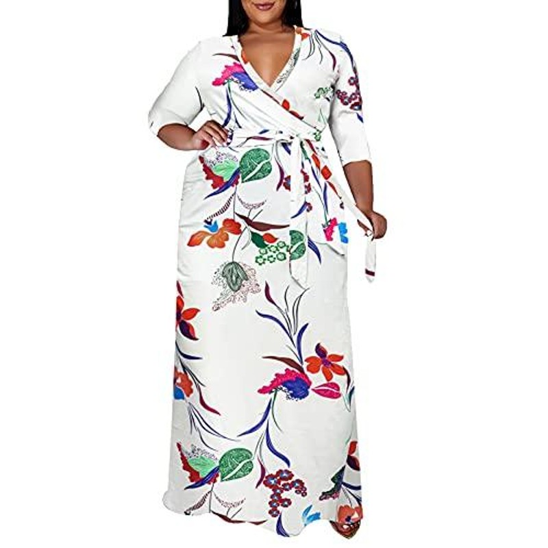 Runwind Plus Size Summer Dress - Wrap Maxi Dresses Solid Print 3/4