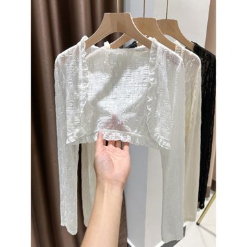 小坎肩蕾絲防曬開衫女薄款長袖披肩夏季配吊帶裙外搭罩衫網紗上衣