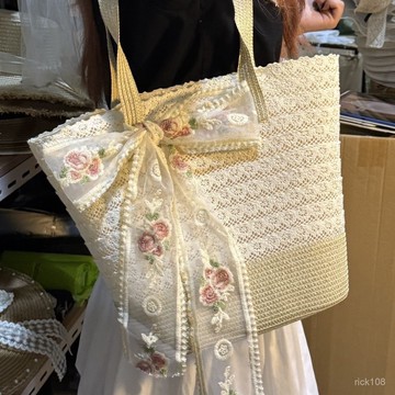 日韓大容量包包🌟 蕾絲僊女編織包女休閒田園度假風草編包大容量通懃百搭單肩沙灘包 託特包 包包