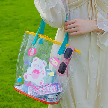 耐磨果凍透明手提包/沙灘包(底部網紗透氣款)-萌萌小熊 (20.5×16×28cm)