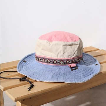 【韓國製 現貨】多色拼接漁夫帽 登山遮陽盆帽 綁繩設計 男女皆可 戶外露營防曬帽 AR12 米與藍色