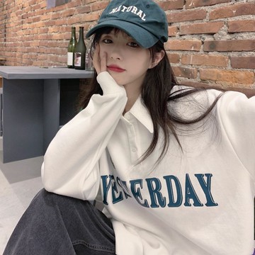 衛衣女字母POLO領學生寬松白色長袖上衣時尚百搭高級感潮春秋新款薄款