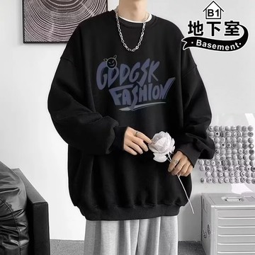 地下室B1-衛衣 美式簡約字體印花情侶加絨長袖上衣 冬天男裝 百搭 寬鬆 大尺碼5XL【NL664199加絨長T組合】