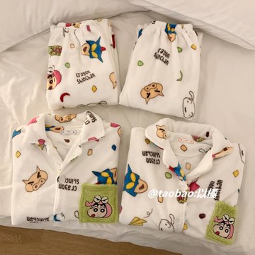 情侶睡衣女秋冬季珊瑚絨卡通蠟筆小新開衫可愛男法蘭絨冬天家居服