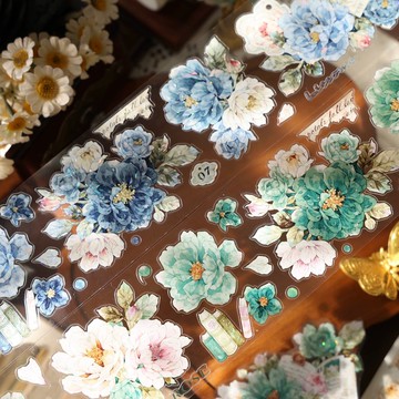 壹洱文創第 16 期切模【繪夢藍 - 綠】和紙膠復古花卉手賬 PET 貼紙