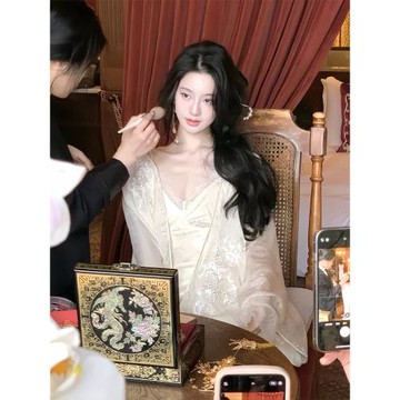 從一時刻【閑月賦】白色魚尾吊帶連衣裙兩件套新中式刺繡披肩外套