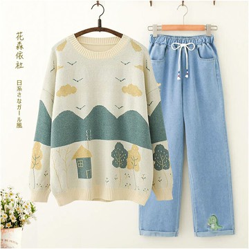森女春秋套裝初高中學生文藝針織衫套頭毛衣少女牛仔褲長褲2件套