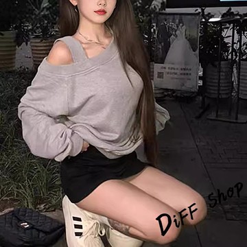 韓版美式灰色斜肩露肩上衣【W542】
