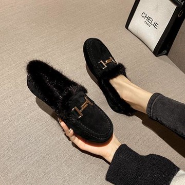 真皮毛一體毛毛鞋豆豆鞋女冬外穿2024新款平底秋季加絨樂福鞋棉鞋