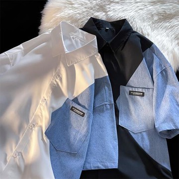 七分袖牛仔拼接襯衫男高級感痞帥男裝小眾設計感短袖襯衣情侶上衣