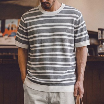 Wuluwear 條紋針織T恤男士夏季新款桑蠶絲混紡透氣短袖輕奢通勤上衣