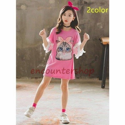 キッズ女の子夏ｔシャツ子供服可愛い半袖長い綿猫柄チュール 通販 Lineポイント最大get Lineショッピング