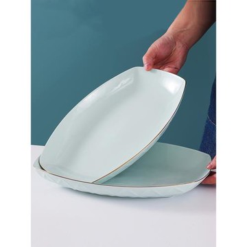 北歐簡約陶瓷魚盤長方形蒸魚盤網紅餐具創意描金家用可微波烤魚盤