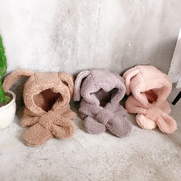 東大門兒童兔兔耳朵圍脖連帽兩件套冬保暖羊羔毛護耳滑雪帽雷鋒帽1入