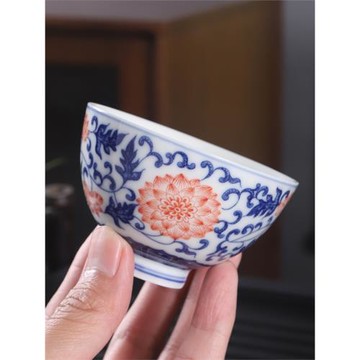 品茗杯青花瓷大號茶杯功夫茶具中式陶瓷主人單杯禪定杯釉下彩山水