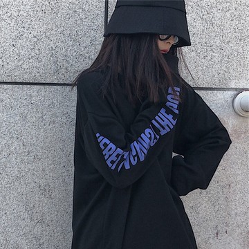 港風ins超火黑色衛衣女春秋冬潮圓領打底衫寬松內搭上衣服