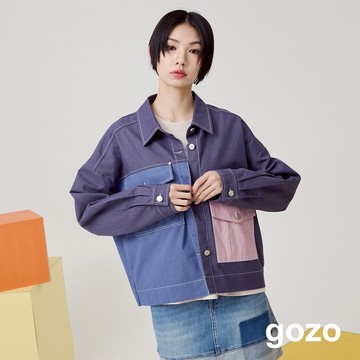 【gozo】遊戲笑臉雙口袋撞色工裝外套(米白/深藍_F) | 女裝 修身 休閒