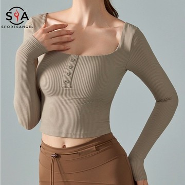 【Sportsangel】(固定襯墊)運動上衣時尚鈕扣方領T恤瑜伽普拉提露臍上衣