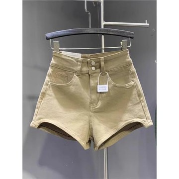 前短后長顯腿長歐美辣妹卡其色緊身牛仔短褲春夏款高腰顯瘦打底褲