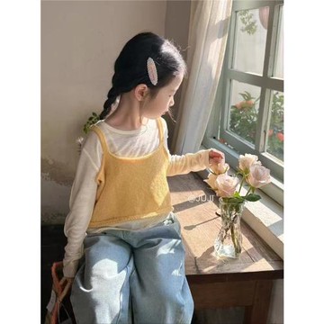 女童2025新款春裝韓版洋氣套裝花邊無袖背心闊腿褲兩件套小清新