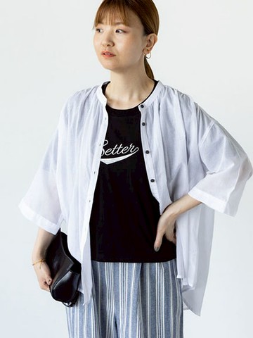 抓褶感前短後長排釦無領棉襯衫(0F000935910) - Lugnoncure