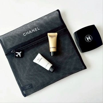 CHANEL  小飛機拉鍊 半透明雙層網紗包／洗漱袋