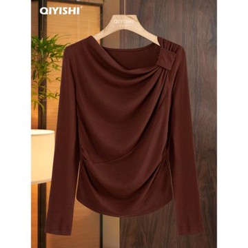 設計感蕩領針織衫女2025春秋季新款不規則顯瘦彈力安哥拉紅打底衫