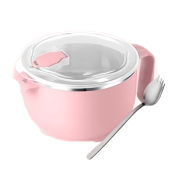 大容量304不鏽鋼帶叉匙泡麵碗  芙蓉粉  1.2L  1組