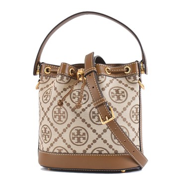 TORY BURCH 專櫃款 緹花LOGO織布拚皮革手提斜背二用水桶包-榛果棕中