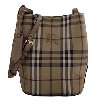 BURBERRY 巴寶莉   Haymarket 經典PVC 格紋斜背水桶包(卡其x膚)S