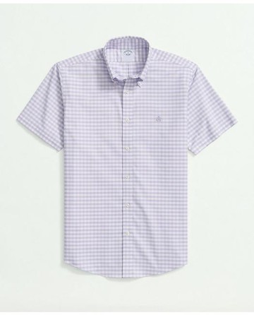 Brooks Brothers Men's Stretch Cotton Non-Iron Oxford Polo Button Down Collar, Gingham Short-Sleeve Shirt | Lavender | Size Medium