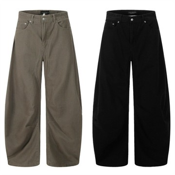 歐美街潮男士褶皺設計感純色百搭工裝長褲復古寬松闊腿牛仔彎刀褲鑫弘-衣錦男裝