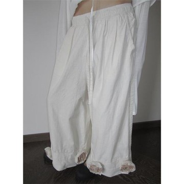 3months 2024夏季新款女松緊腰系帶慵懶感手工立體花直筒闊腿褲子