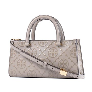 TORY BURCH 專櫃款 T MONOGRAM 壓花皮革手提/斜背二用包-泥灰/小