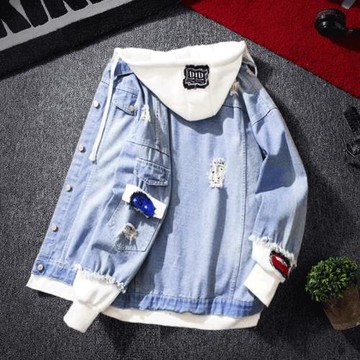 青少年連帽牛仔外套男士韓版潮流修身帥氣春秋款淺色夾克衣服褂子