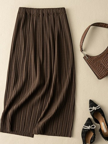 女士大尺碼半身裙 春秋季新款大碼褶皺開叉寬松顯瘦百搭胖妹妹復古文藝中長款半身裙